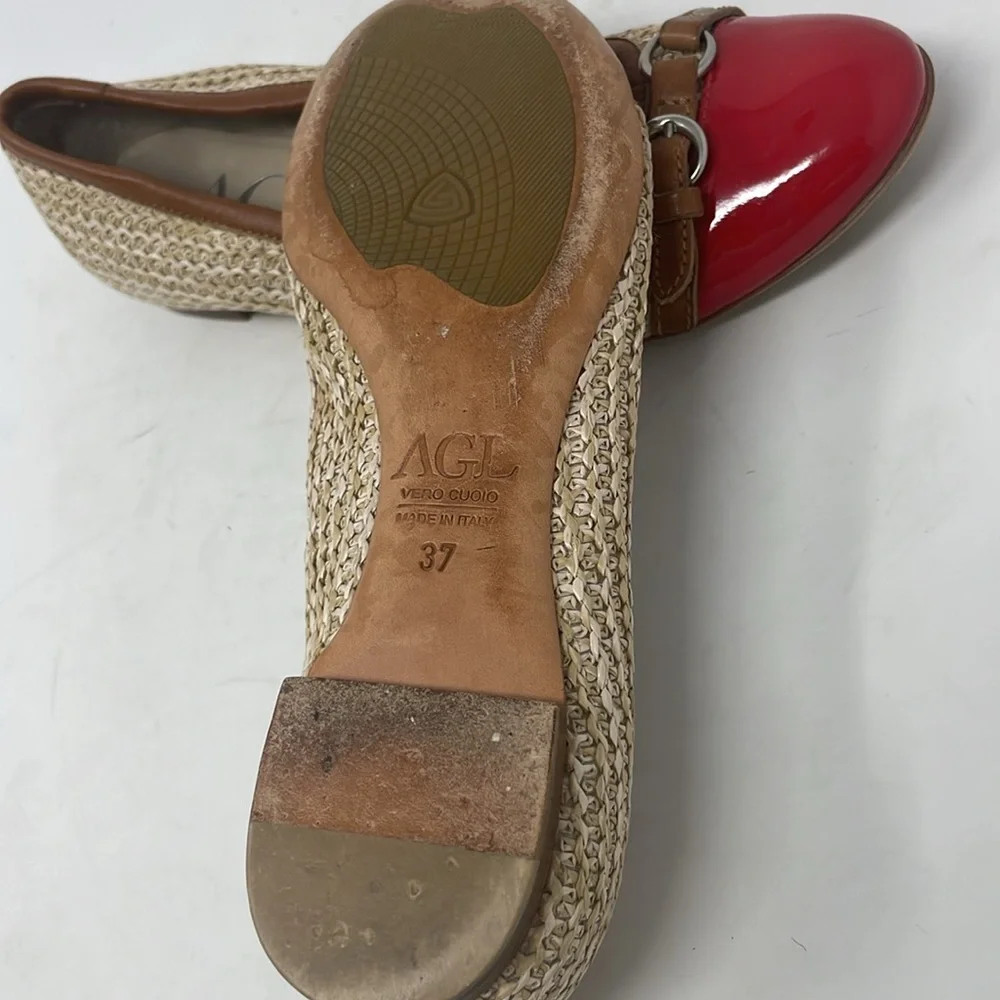 AGL Attilio Giusti Leombruni Red Patent Tan Straw Woven Ballet Flats Size 37